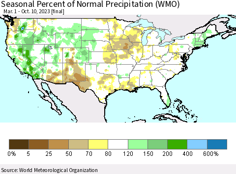 United States Seasonal Percent of Normal Precipitation (WMO) Thematic Map For 3/1/2023 - 10/10/2023