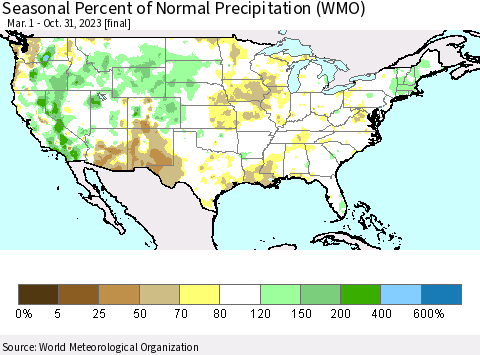 United States Seasonal Percent of Normal Precipitation (WMO) Thematic Map For 3/1/2023 - 10/31/2023