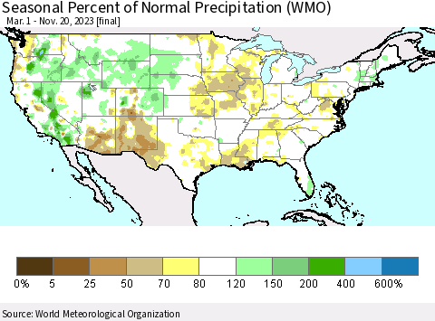 United States Seasonal Percent of Normal Precipitation (WMO) Thematic Map For 3/1/2023 - 11/20/2023