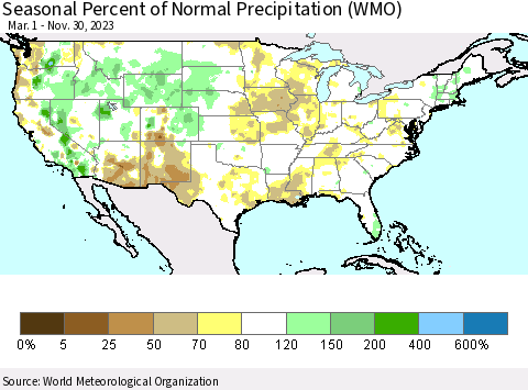 United States Seasonal Percent of Normal Precipitation (WMO) Thematic Map For 3/1/2023 - 11/30/2023