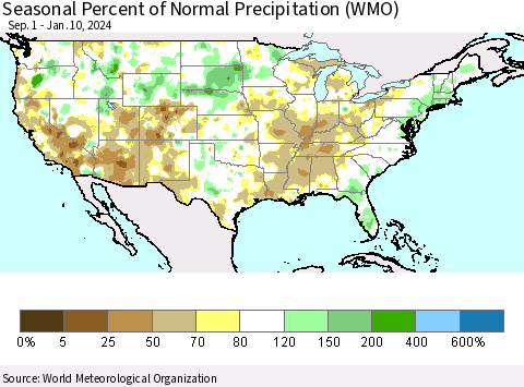United States Seasonal Percent of Normal Precipitation (WMO) Thematic Map For 9/1/2023 - 1/10/2024