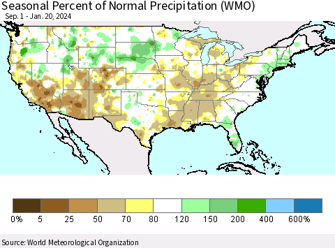 United States Seasonal Percent of Normal Precipitation (WMO) Thematic Map For 9/1/2023 - 1/20/2024