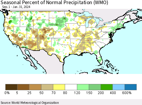 United States Seasonal Percent of Normal Precipitation (WMO) Thematic Map For 9/1/2023 - 1/31/2024