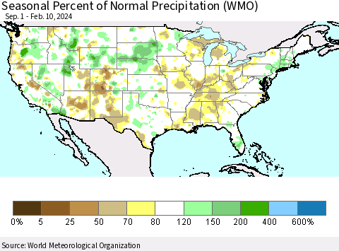 United States Seasonal Percent of Normal Precipitation (WMO) Thematic Map For 9/1/2023 - 2/10/2024