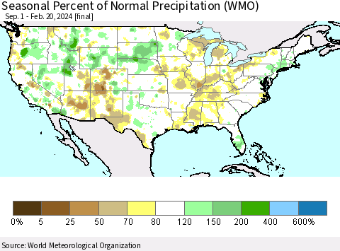 United States Seasonal Percent of Normal Precipitation (WMO) Thematic Map For 9/1/2023 - 2/20/2024