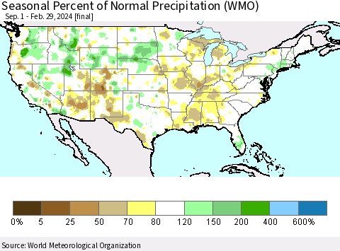 United States Seasonal Percent of Normal Precipitation (WMO) Thematic Map For 9/1/2023 - 2/29/2024