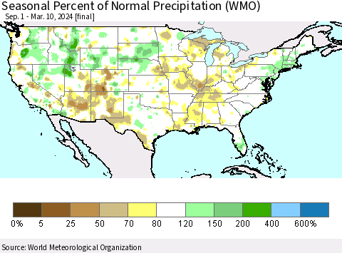 United States Seasonal Percent of Normal Precipitation (WMO) Thematic Map For 9/1/2023 - 3/10/2024