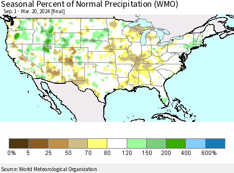 United States Seasonal Percent of Normal Precipitation (WMO) Thematic Map For 9/1/2023 - 3/20/2024