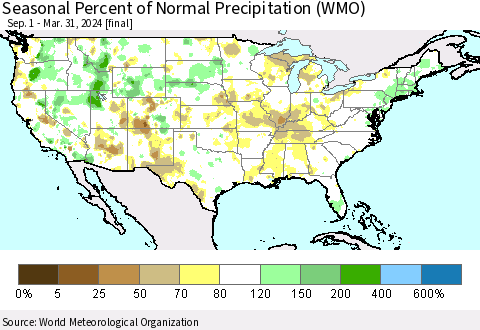 United States Seasonal Percent of Normal Precipitation (WMO) Thematic Map For 9/1/2023 - 3/31/2024