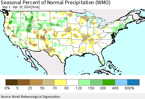 United States Seasonal Percent of Normal Precipitation (WMO) Thematic Map For 9/1/2023 - 4/10/2024