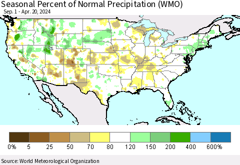 United States Seasonal Percent of Normal Precipitation (WMO) Thematic Map For 9/1/2023 - 4/20/2024