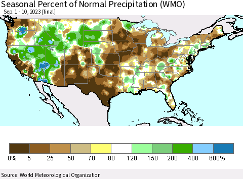 United States Seasonal Percent of Normal Precipitation (WMO) Thematic Map For 9/1/2023 - 9/10/2023
