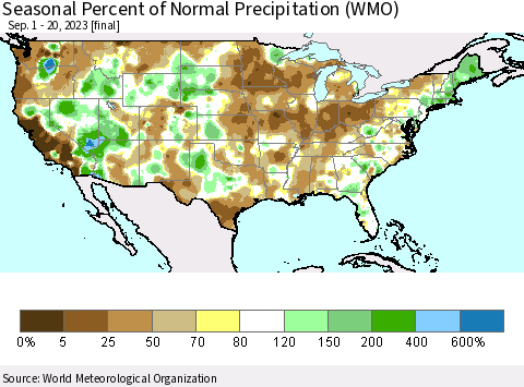 United States Seasonal Percent of Normal Precipitation (WMO) Thematic Map For 9/1/2023 - 9/20/2023