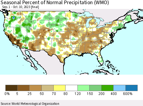 United States Seasonal Percent of Normal Precipitation (WMO) Thematic Map For 9/1/2023 - 10/10/2023
