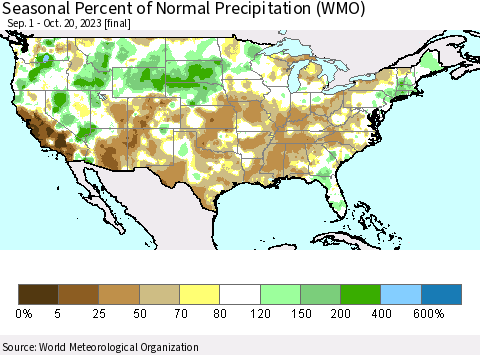 United States Seasonal Percent of Normal Precipitation (WMO) Thematic Map For 9/1/2023 - 10/20/2023