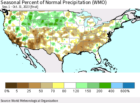 United States Seasonal Percent of Normal Precipitation (WMO) Thematic Map For 9/1/2023 - 10/31/2023