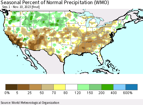 United States Seasonal Percent of Normal Precipitation (WMO) Thematic Map For 9/1/2023 - 11/10/2023