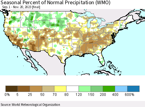 United States Seasonal Percent of Normal Precipitation (WMO) Thematic Map For 9/1/2023 - 11/20/2023