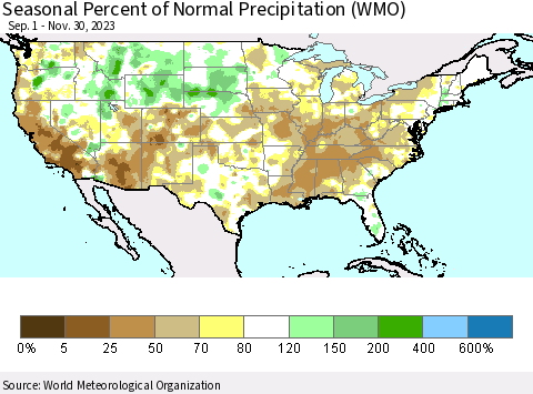 United States Seasonal Percent of Normal Precipitation (WMO) Thematic Map For 9/1/2023 - 11/30/2023