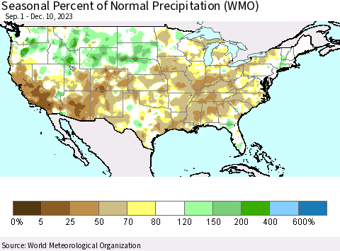 United States Seasonal Percent of Normal Precipitation (WMO) Thematic Map For 9/1/2023 - 12/10/2023