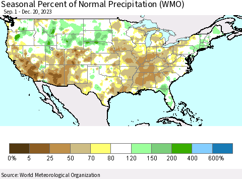 United States Seasonal Percent of Normal Precipitation (WMO) Thematic Map For 9/1/2023 - 12/20/2023