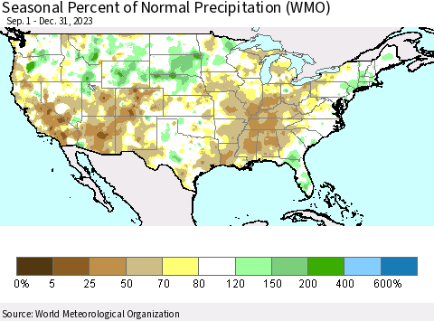 United States Seasonal Percent of Normal Precipitation (WMO) Thematic Map For 9/1/2023 - 12/31/2023