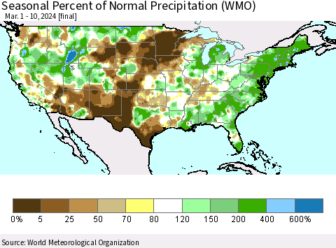 United States Seasonal Percent of Normal Precipitation (WMO) Thematic Map For 3/1/2024 - 3/10/2024