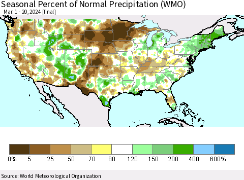 United States Seasonal Percent of Normal Precipitation (WMO) Thematic Map For 3/1/2024 - 3/20/2024