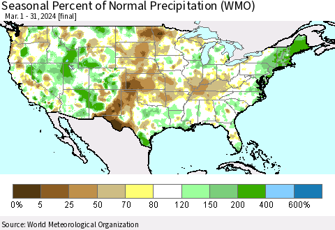 United States Seasonal Percent of Normal Precipitation (WMO) Thematic Map For 3/1/2024 - 3/31/2024