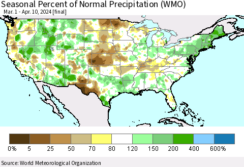 United States Seasonal Percent of Normal Precipitation (WMO) Thematic Map For 3/1/2024 - 4/10/2024