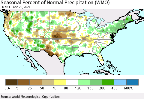 United States Seasonal Percent of Normal Precipitation (WMO) Thematic Map For 3/1/2024 - 4/20/2024