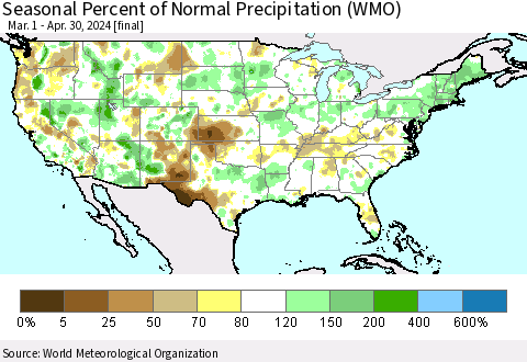 United States Seasonal Percent of Normal Precipitation (WMO) Thematic Map For 3/1/2024 - 4/30/2024
