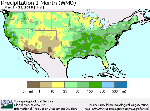 United States Precipitation 1-Month (WMO) Thematic Map For 3/1/2018 - 3/31/2018