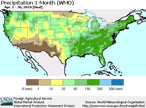United States Precipitation 1-Month (WMO) Thematic Map For 4/1/2018 - 4/30/2018