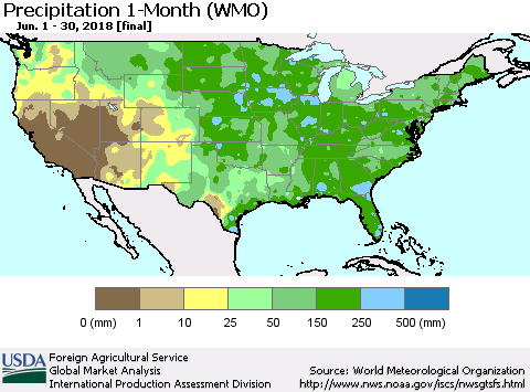 United States Precipitation 1-Month (WMO) Thematic Map For 6/1/2018 - 6/30/2018
