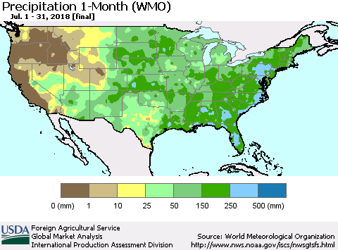 United States Precipitation 1-Month (WMO) Thematic Map For 7/1/2018 - 7/31/2018