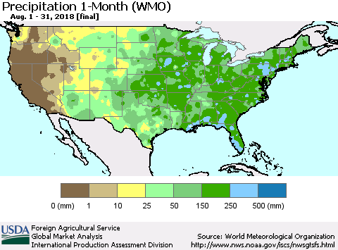 United States Precipitation 1-Month (WMO) Thematic Map For 8/1/2018 - 8/31/2018