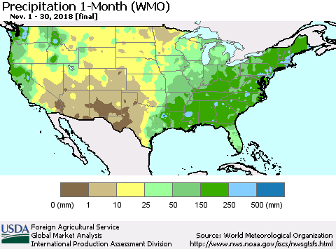 United States Precipitation 1-Month (WMO) Thematic Map For 11/1/2018 - 11/30/2018