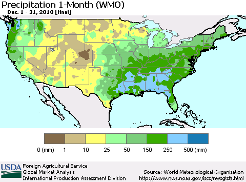 United States Precipitation 1-Month (WMO) Thematic Map For 12/1/2018 - 12/31/2018