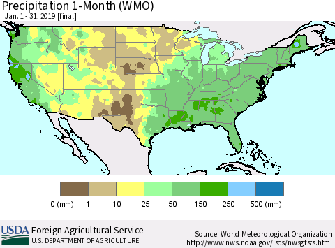 United States Precipitation 1-Month (WMO) Thematic Map For 1/1/2019 - 1/31/2019