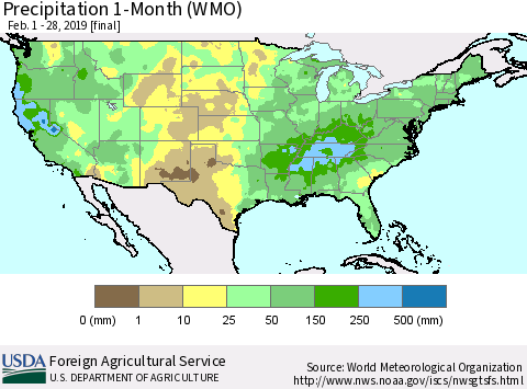 United States Precipitation 1-Month (WMO) Thematic Map For 2/1/2019 - 2/28/2019