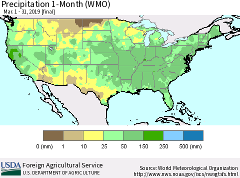 United States Precipitation 1-Month (WMO) Thematic Map For 3/1/2019 - 3/31/2019