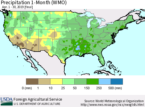 United States Precipitation 1-Month (WMO) Thematic Map For 4/1/2019 - 4/30/2019