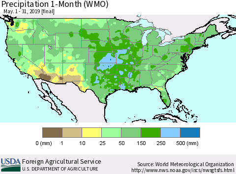 United States Precipitation 1-Month (WMO) Thematic Map For 5/1/2019 - 5/31/2019