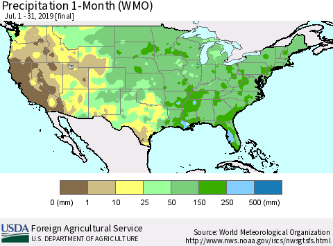 United States Precipitation 1-Month (WMO) Thematic Map For 7/1/2019 - 7/31/2019