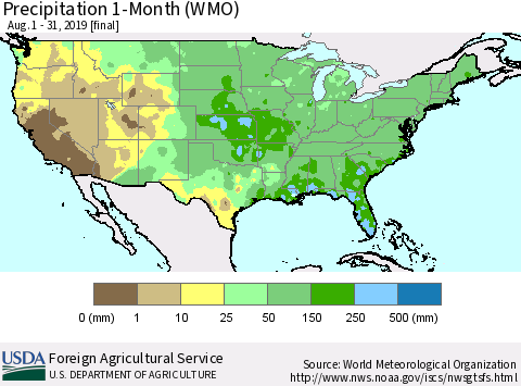 United States Precipitation 1-Month (WMO) Thematic Map For 8/1/2019 - 8/31/2019