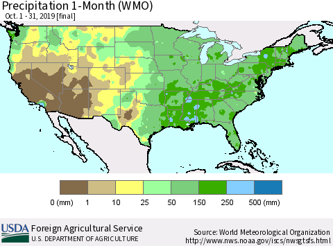 United States Precipitation 1-Month (WMO) Thematic Map For 10/1/2019 - 10/31/2019