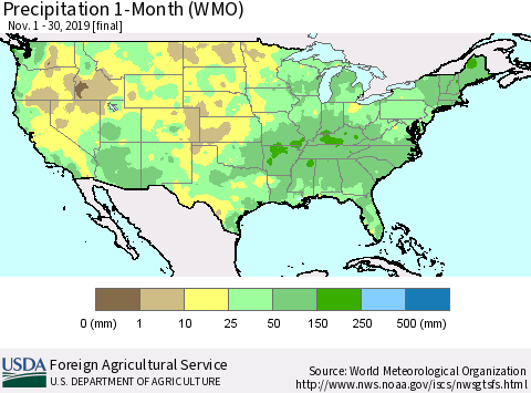 United States Precipitation 1-Month (WMO) Thematic Map For 11/1/2019 - 11/30/2019