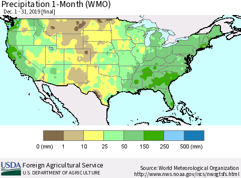 United States Precipitation 1-Month (WMO) Thematic Map For 12/1/2019 - 12/31/2019