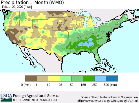 United States Precipitation 1-Month (WMO) Thematic Map For 2/1/2020 - 2/29/2020